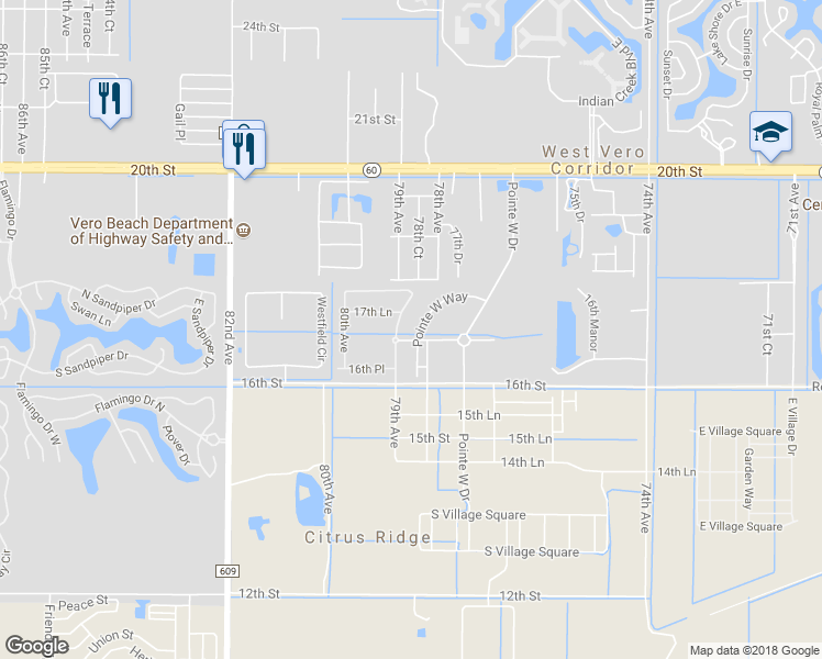 map of restaurants, bars, coffee shops, grocery stores, and more near 1681 Pointe West Way in Vero Beach