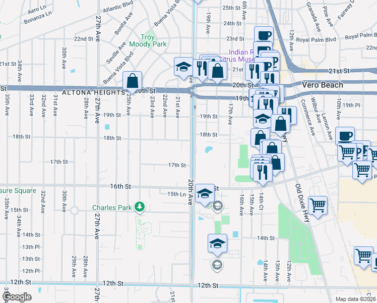 map of restaurants, bars, coffee shops, grocery stores, and more near 1717 20th Avenue in Vero Beach