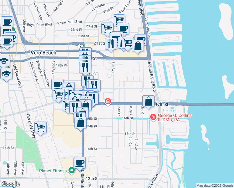 map of restaurants, bars, coffee shops, grocery stores, and more near 1710 6th Avenue in Vero Beach