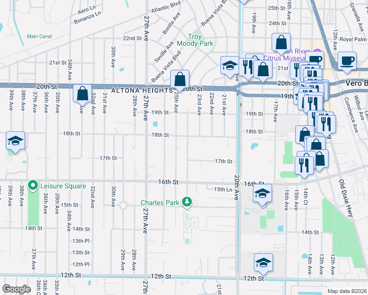 map of restaurants, bars, coffee shops, grocery stores, and more near 1701 24th Avenue in Vero Beach