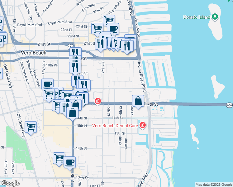 map of restaurants, bars, coffee shops, grocery stores, and more near 1731 5th Avenue in Vero Beach