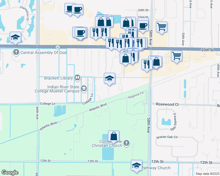 map of restaurants, bars, coffee shops, grocery stores, and more near 6055 College Lane in Vero Beach