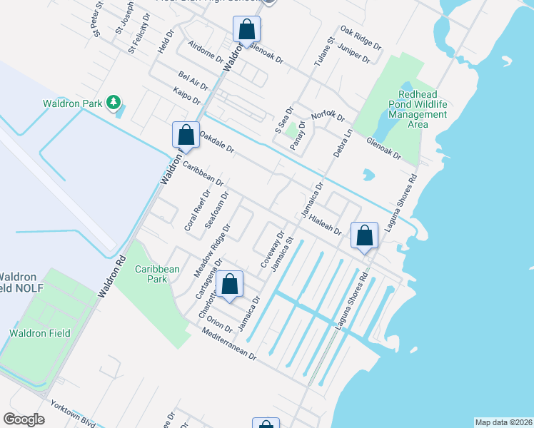 map of restaurants, bars, coffee shops, grocery stores, and more near 488 Caribbean Drive in Corpus Christi