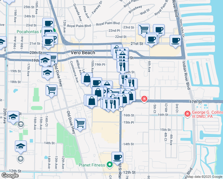 map of restaurants, bars, coffee shops, grocery stores, and more near 301 18th Street in Vero Beach