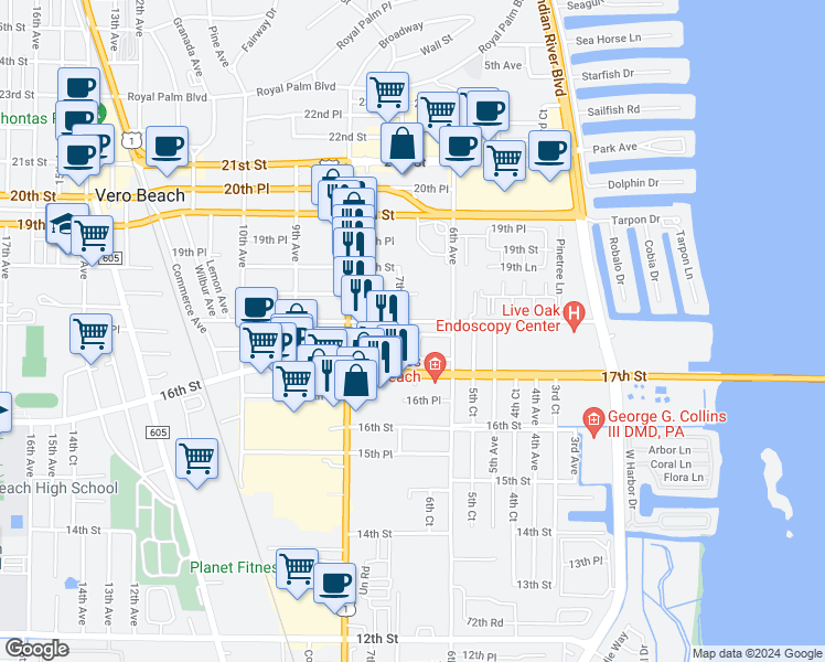 map of restaurants, bars, coffee shops, grocery stores, and more near 653 18th Street in Vero Beach