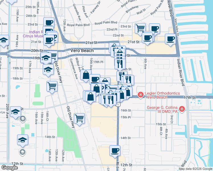 map of restaurants, bars, coffee shops, grocery stores, and more near 301 18th Street in Vero Beach