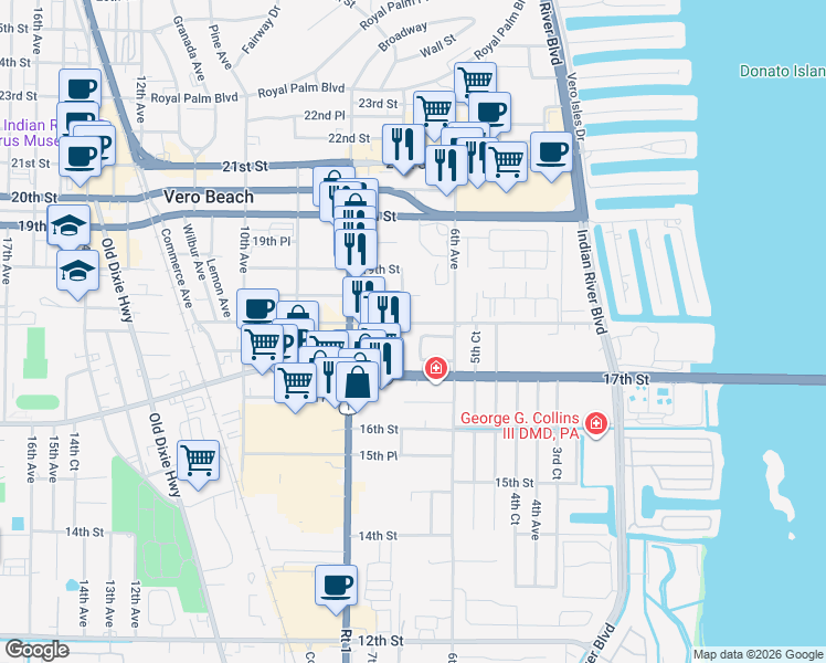 map of restaurants, bars, coffee shops, grocery stores, and more near 646 18th Street in Vero Beach