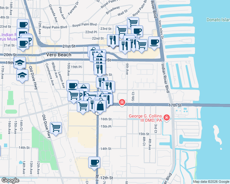 map of restaurants, bars, coffee shops, grocery stores, and more near 646 18th Street in Vero Beach