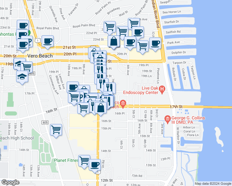 map of restaurants, bars, coffee shops, grocery stores, and more near 655 18th Street in Vero Beach