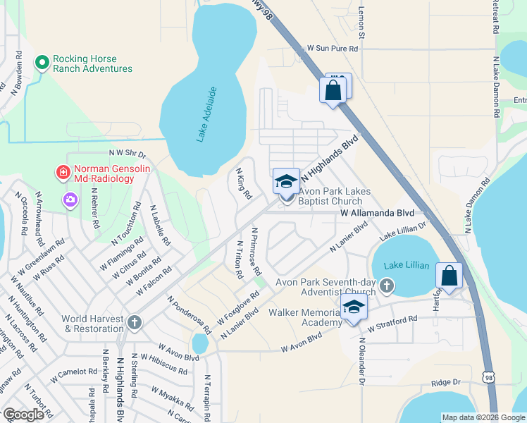 map of restaurants, bars, coffee shops, grocery stores, and more near 2601 North Highlands Boulevard in Avon Park
