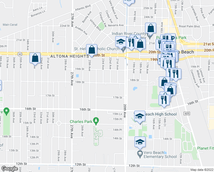 map of restaurants, bars, coffee shops, grocery stores, and more near 2201 18th Street in Vero Beach