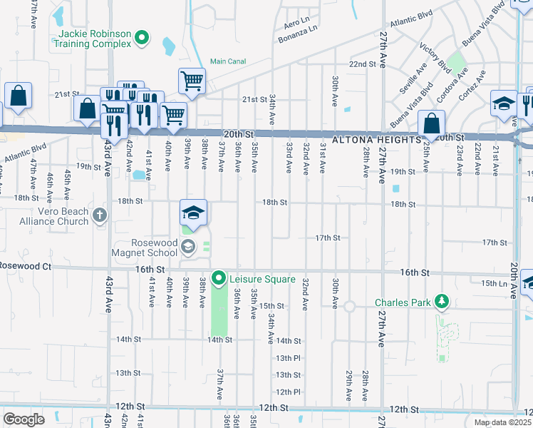 map of restaurants, bars, coffee shops, grocery stores, and more near 1789 34th Avenue in Vero Beach