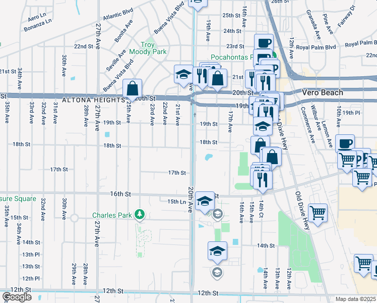 map of restaurants, bars, coffee shops, grocery stores, and more near 1755 20th Avenue in Vero Beach