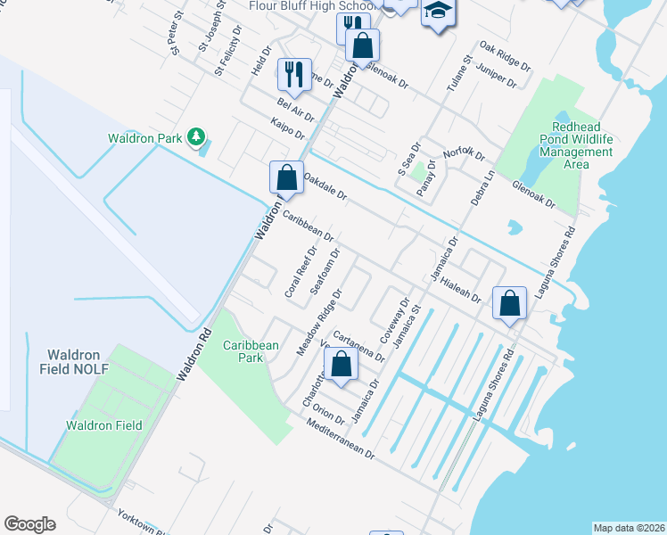 map of restaurants, bars, coffee shops, grocery stores, and more near 3110 Seafoam Drive in Corpus Christi