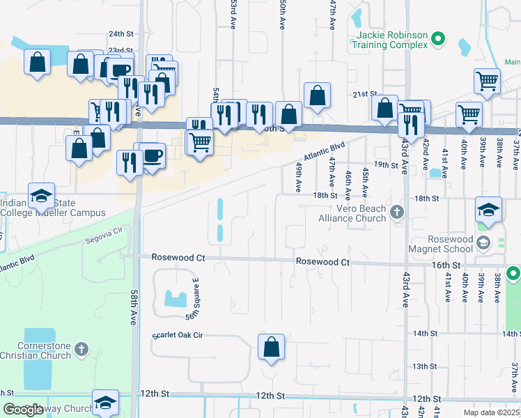 map of restaurants, bars, coffee shops, grocery stores, and more near 1665 51st Court in Vero Beach