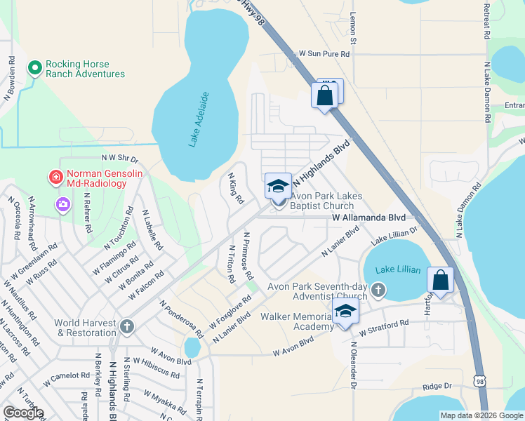 map of restaurants, bars, coffee shops, grocery stores, and more near 2632 North Highlands Boulevard in Avon Park