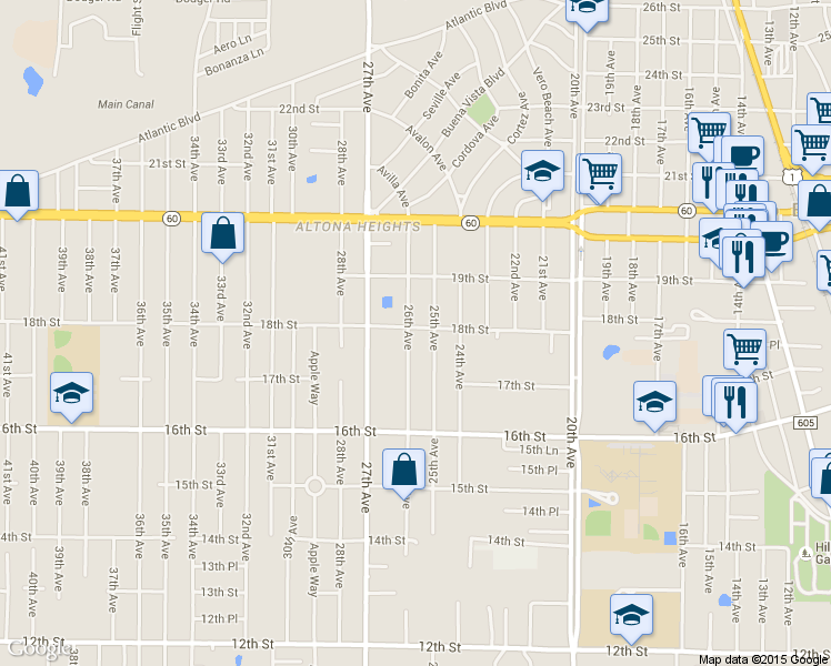 map of restaurants, bars, coffee shops, grocery stores, and more near 1760 26th Avenue in Vero Beach