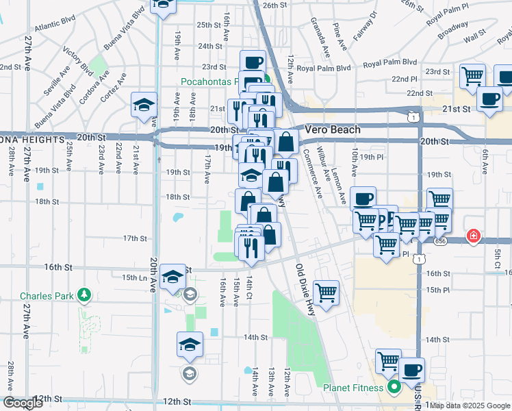 map of restaurants, bars, coffee shops, grocery stores, and more near 1785 14th Avenue in Vero Beach