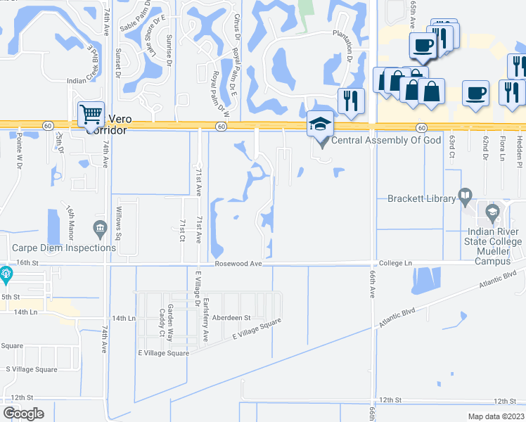 map of restaurants, bars, coffee shops, grocery stores, and more near 1750 Aynsley Way in Vero Beach