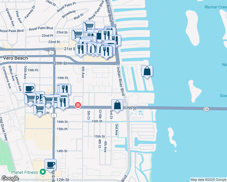map of restaurants, bars, coffee shops, grocery stores, and more near 303 18th Place in Vero Beach