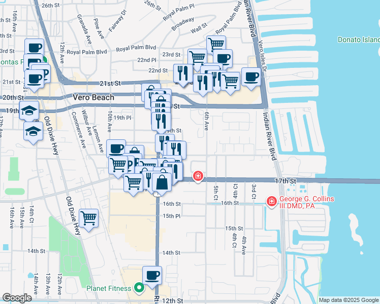 map of restaurants, bars, coffee shops, grocery stores, and more near 646 18th Street in Vero Beach