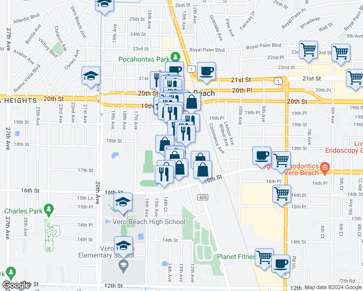 map of restaurants, bars, coffee shops, grocery stores, and more near 1335 18th Street in Vero Beach