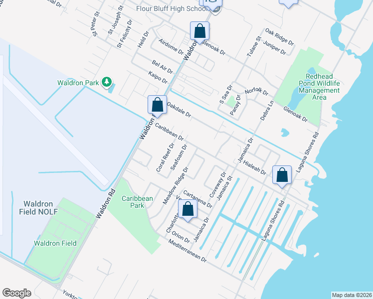 map of restaurants, bars, coffee shops, grocery stores, and more near 3110 Seafoam Drive in Corpus Christi