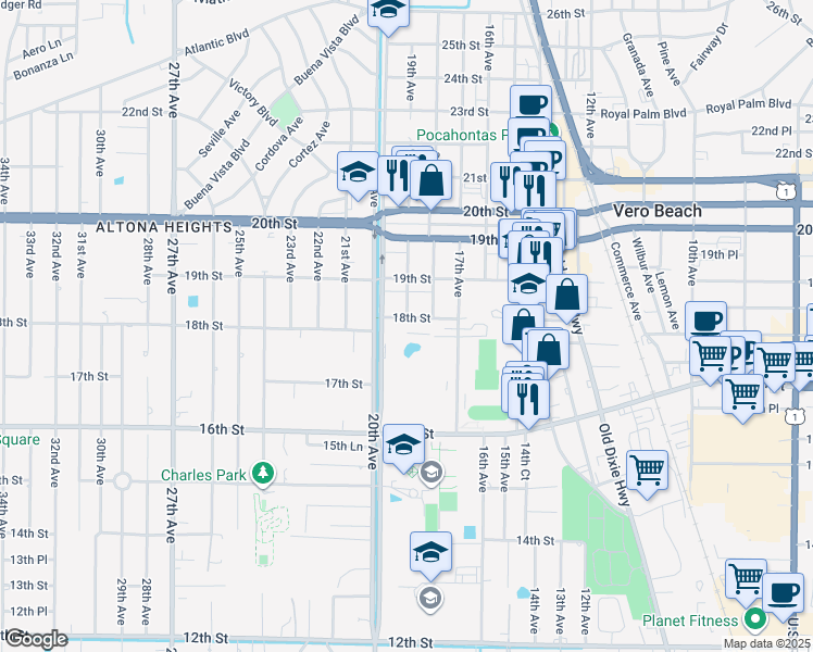 map of restaurants, bars, coffee shops, grocery stores, and more near 1855 18th Street in Vero Beach