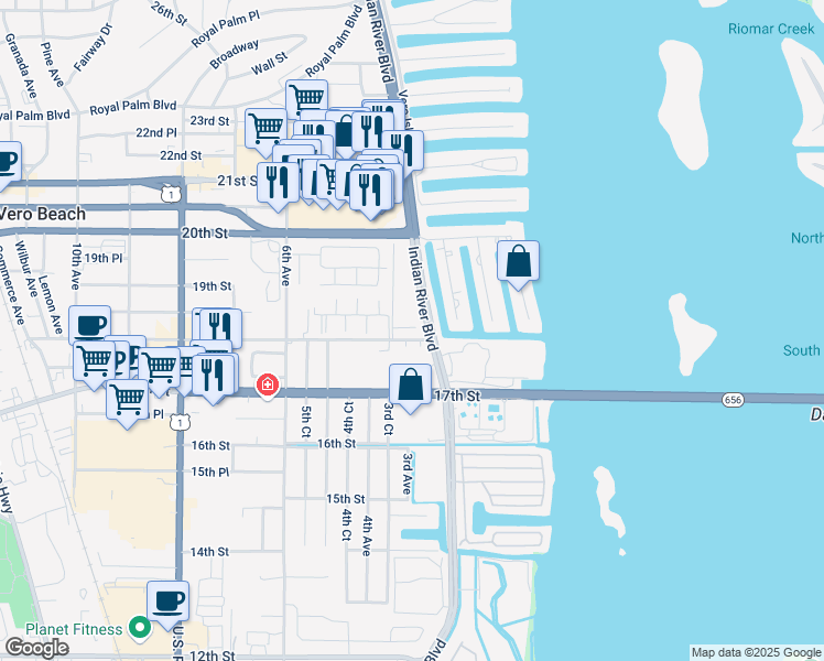 map of restaurants, bars, coffee shops, grocery stores, and more near 303 18th Place in Vero Beach