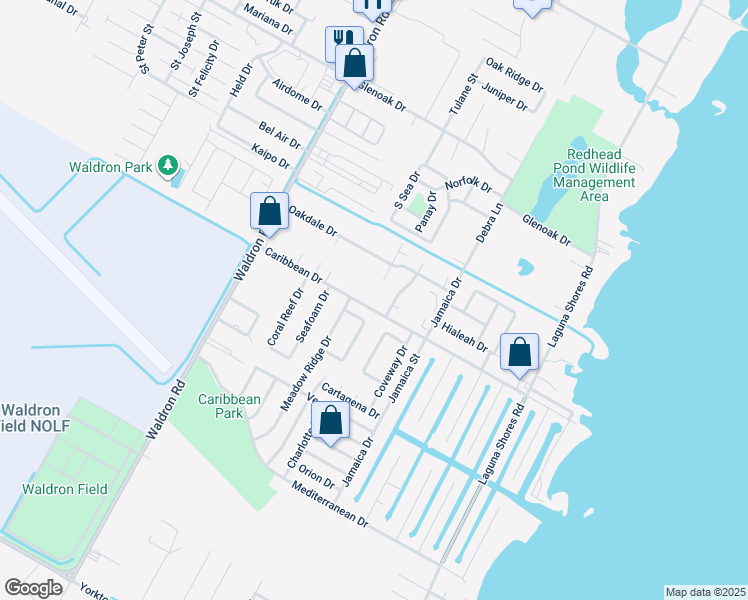 map of restaurants, bars, coffee shops, grocery stores, and more near 488 Caribbean Drive in Corpus Christi