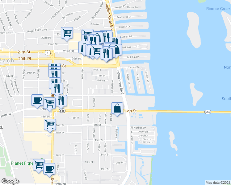 map of restaurants, bars, coffee shops, grocery stores, and more near 303 18th Place in Vero Beach