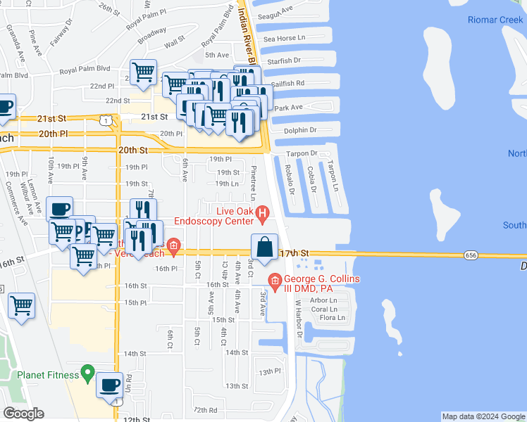 map of restaurants, bars, coffee shops, grocery stores, and more near 303 18th Place in Vero Beach