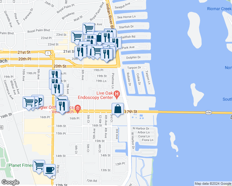 map of restaurants, bars, coffee shops, grocery stores, and more near 303 18th Place in Vero Beach