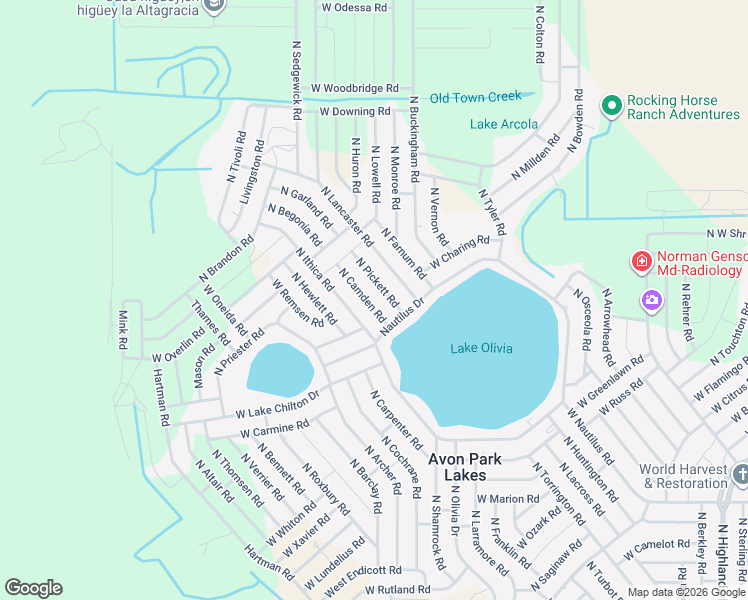 map of restaurants, bars, coffee shops, grocery stores, and more near 2636 North Camden Road in Avon Park