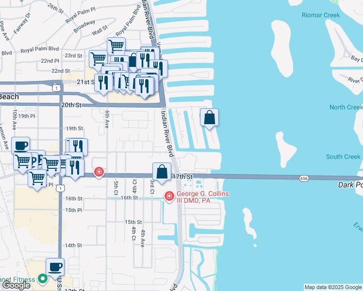 map of restaurants, bars, coffee shops, grocery stores, and more near 1815 Robalo Drive in Vero Beach
