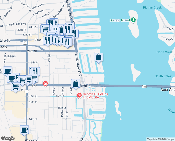 map of restaurants, bars, coffee shops, grocery stores, and more near 1830 Robalo Drive in Vero Beach