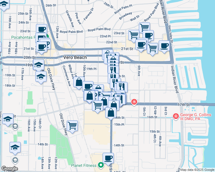 map of restaurants, bars, coffee shops, grocery stores, and more near 1801 U.S. 1 in Vero Beach