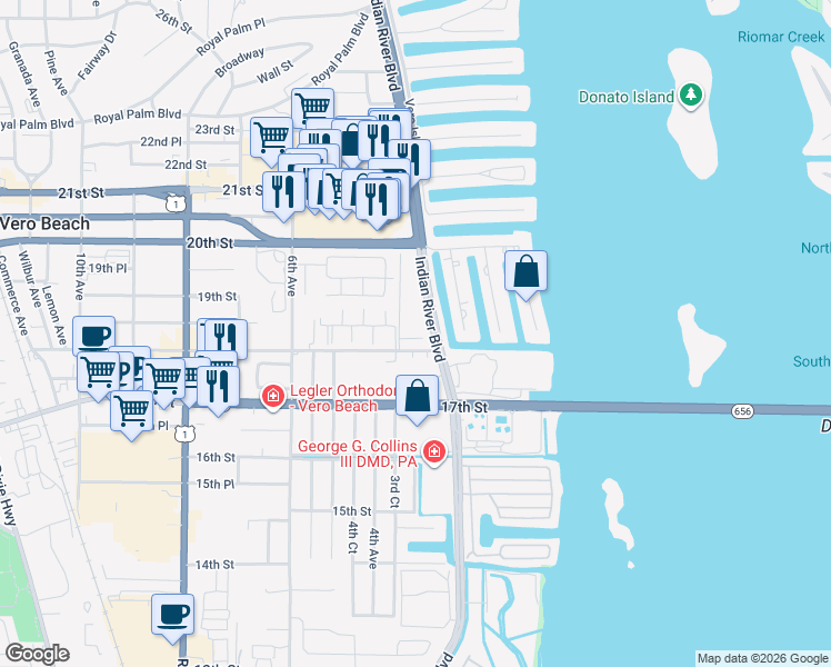 map of restaurants, bars, coffee shops, grocery stores, and more near 303 18th Place in Vero Beach