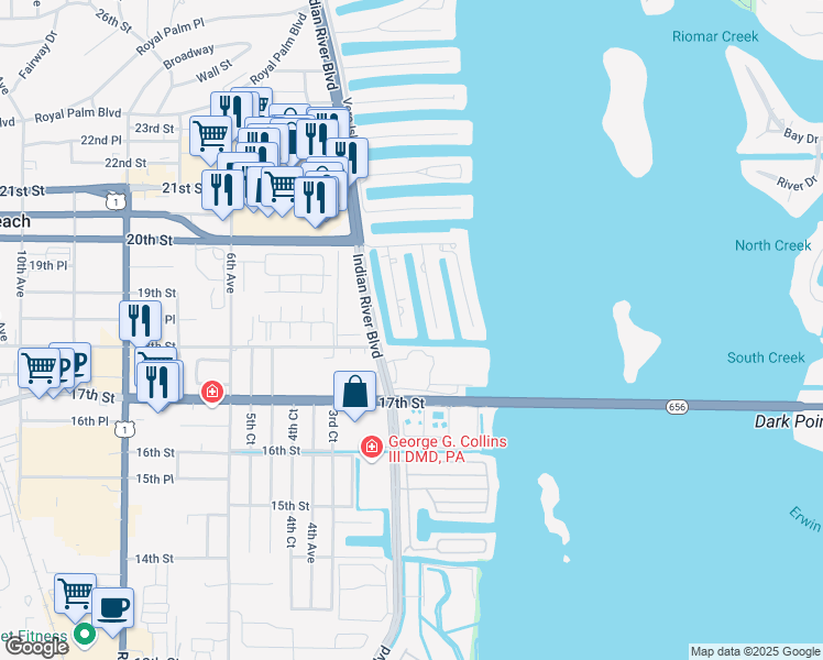 map of restaurants, bars, coffee shops, grocery stores, and more near 1830 Robalo Drive in Vero Beach