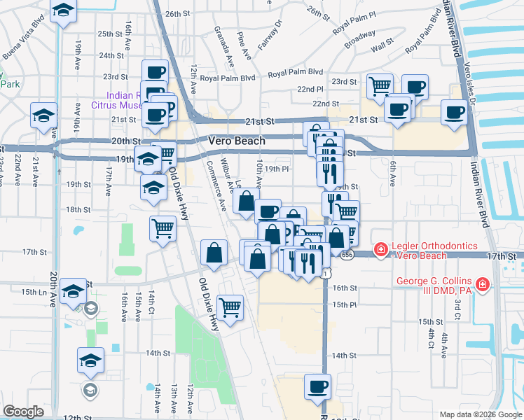 map of restaurants, bars, coffee shops, grocery stores, and more near 938 18th Street in Vero Beach