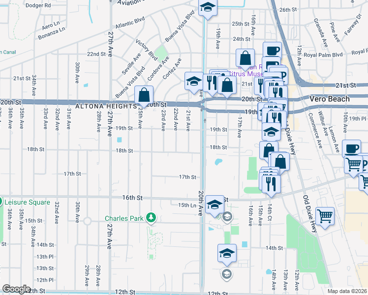 map of restaurants, bars, coffee shops, grocery stores, and more near 2126 18th Street in Vero Beach