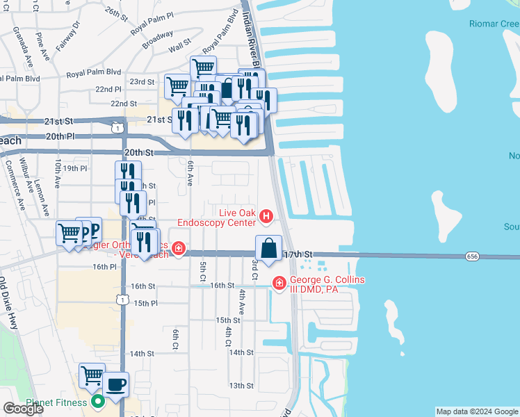 map of restaurants, bars, coffee shops, grocery stores, and more near 303 18th Place in Vero Beach