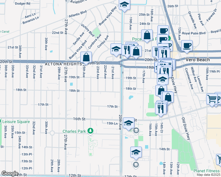 map of restaurants, bars, coffee shops, grocery stores, and more near 2126 18th Street in Vero Beach