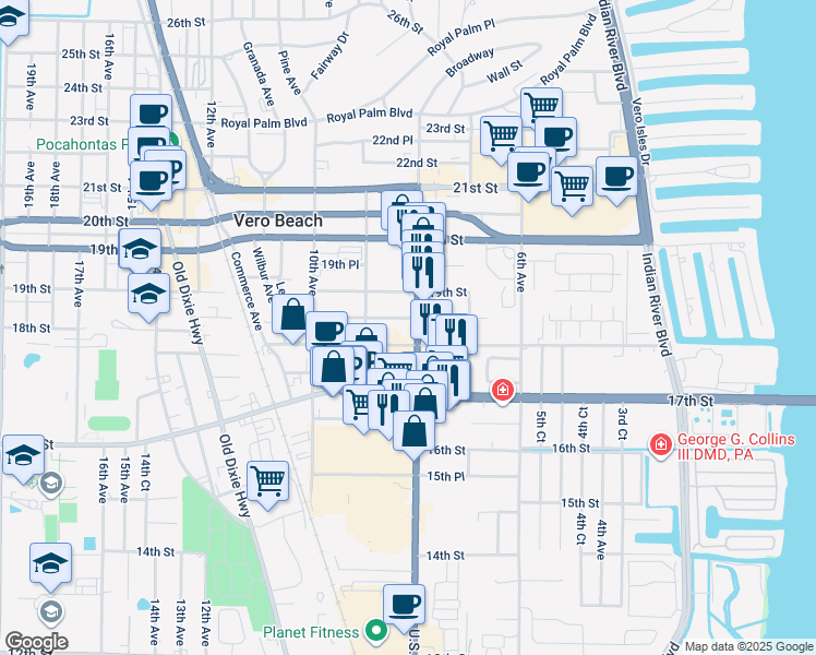 map of restaurants, bars, coffee shops, grocery stores, and more near 1801 U.S. 1 in Vero Beach