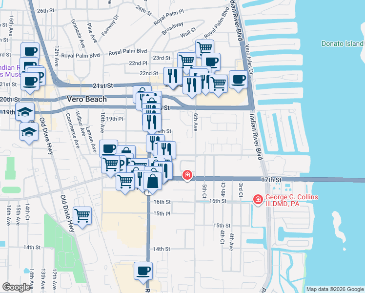 map of restaurants, bars, coffee shops, grocery stores, and more near 646 18th Street in Vero Beach