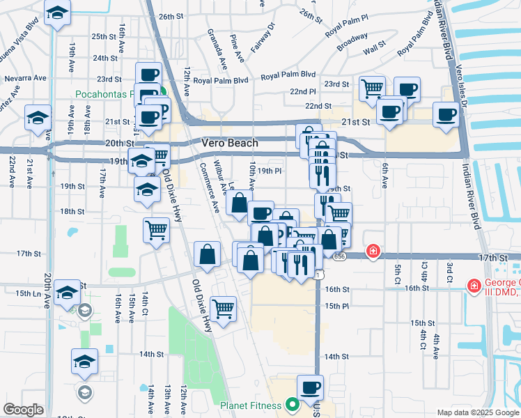 map of restaurants, bars, coffee shops, grocery stores, and more near 938 18th Street in Vero Beach
