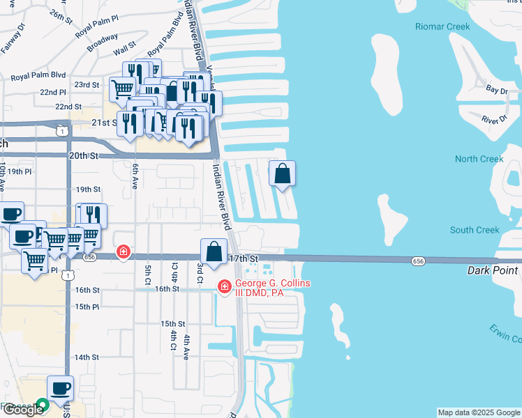 map of restaurants, bars, coffee shops, grocery stores, and more near 1815 Cobia Drive in Vero Beach