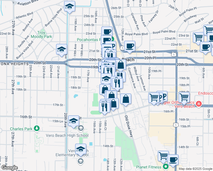 map of restaurants, bars, coffee shops, grocery stores, and more near 1825 14th Avenue in Vero Beach