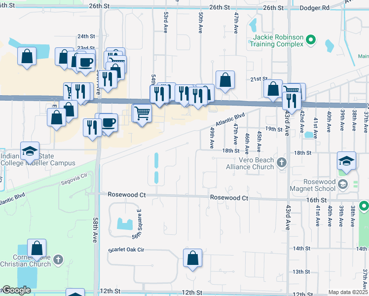map of restaurants, bars, coffee shops, grocery stores, and more near 1665 51st Court in Vero Beach
