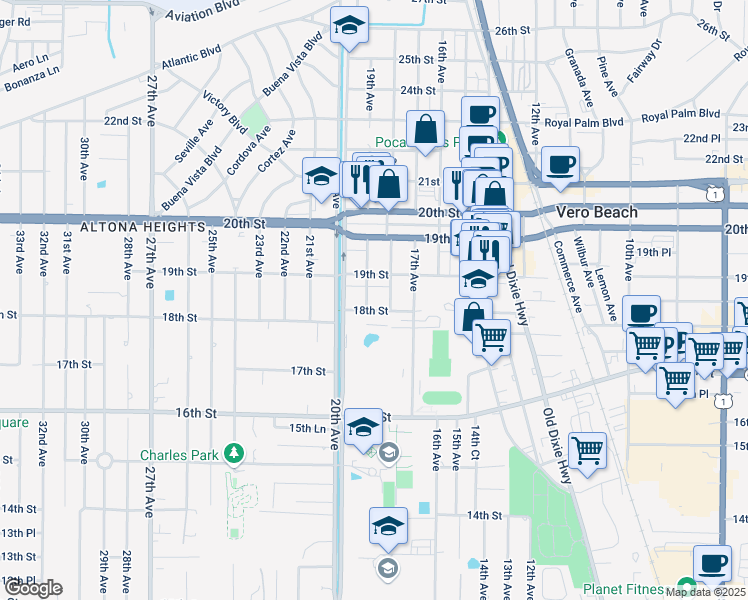 map of restaurants, bars, coffee shops, grocery stores, and more near 1886 19th Avenue in Vero Beach